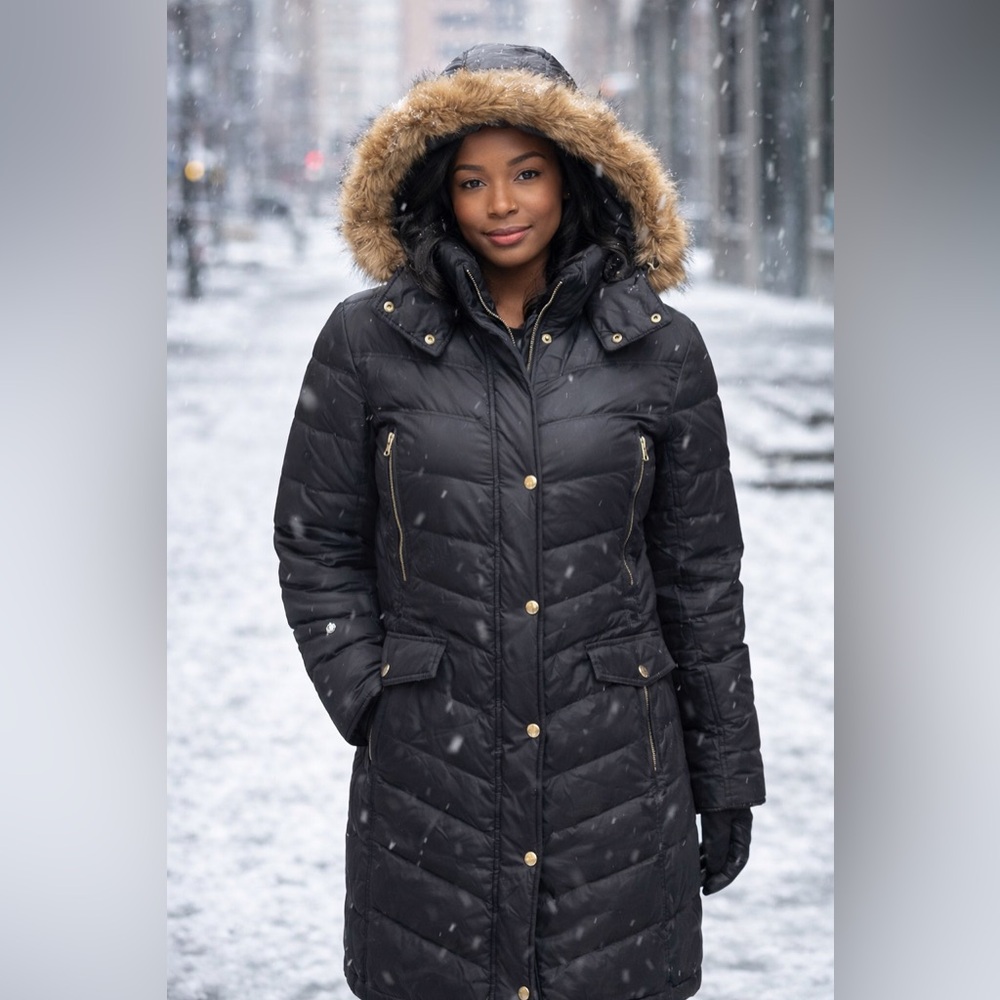 Michael Kors Women's Faux Fur Trim Hooded Quilted Down Puffer Coat Medium Black